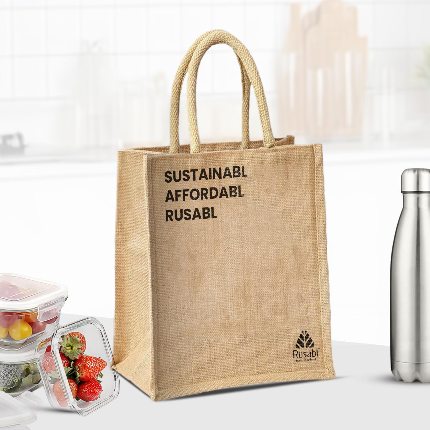 RusablJute Bag, Durable and Easy to Hold Handle with Comfortable Grip, Spacious Storage Compartment, Crafted from Natural Jute, Eco-friendly, Sustainable Jute Bag (Brown)