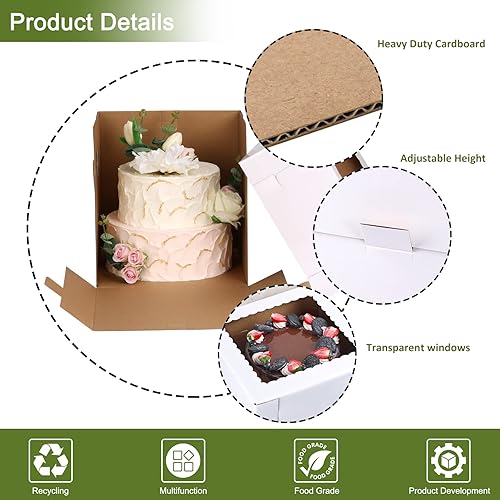 Miniatura 3 de Moretoes Paquete de 6 cajas para pasteles de 8 x 8 x 10 pulgadas de alto con tablas de pastel, caja blanca para pasteles con ventana, portador de
