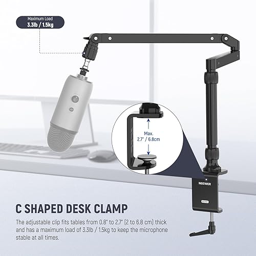 Miniatura 3 de NEEWER Soporte de escritorio con brazo de micrófono de perfil bajo con amortiguación, brazos articulados giratorios de 360 con poste elevado y