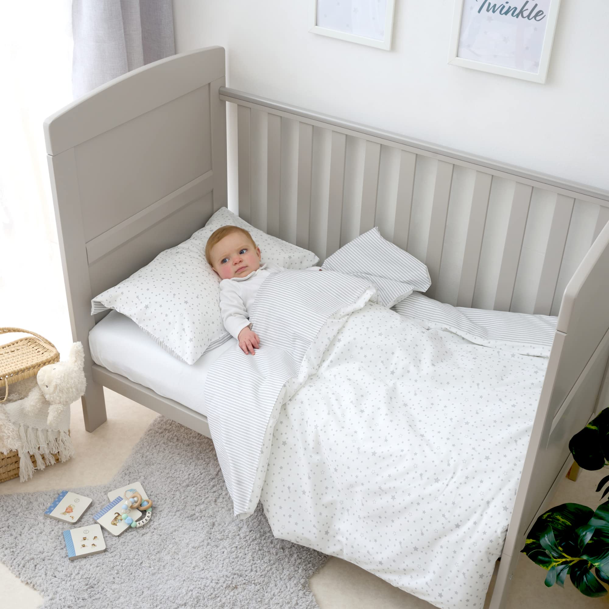 Clair de Lune | Funda de edredón Reversible con Estrellas y Rayas para niños pequeños con Funda de Almohada | Juego de Ropa de Cama para Camas de Cuna y Camas de niños pequeños - Gris