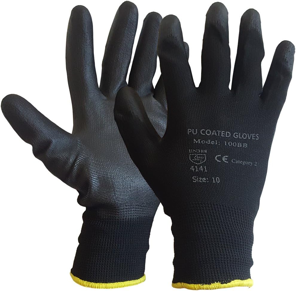 24 Pairs Black PU Coated Safety Grip Work Gloves Nylon Liners Ideal For Mechanic Builders Construction (Medium)