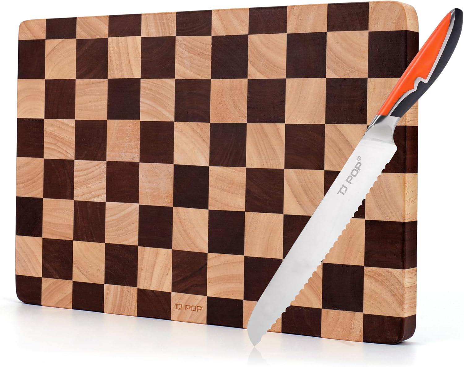 15" Checkerboard Wood Cutting Board & 8" Stainless Steel Bread Knife Set – Wood Prep Board for Slicing Bread, Fruits, and Vegetables