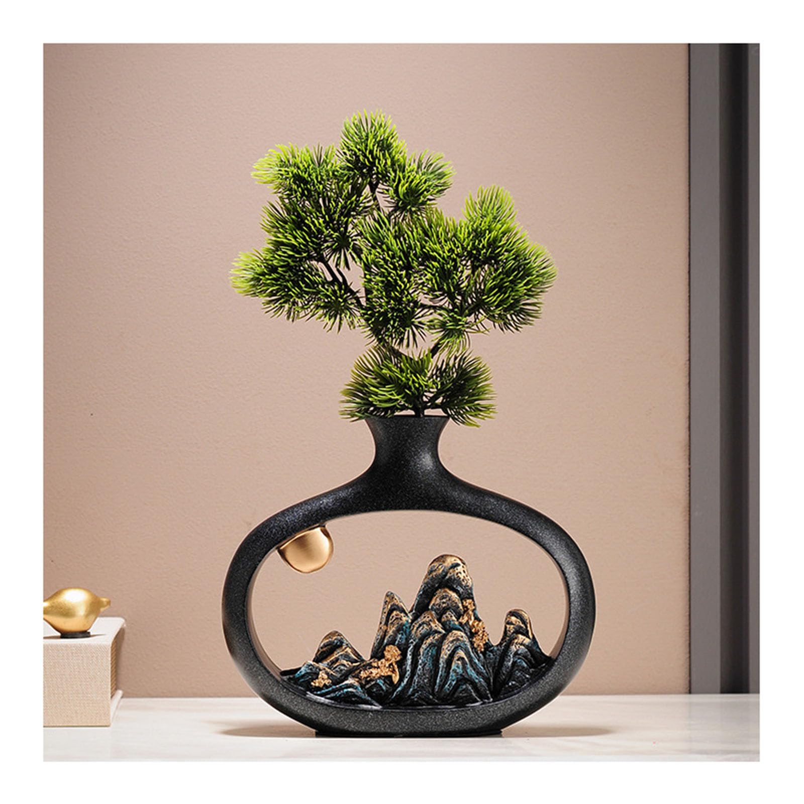 Green and Gold Ceramic Vase, Modern Aesthetic Room Decor, Flower Vase for Table Decoration Wedding, Living Room,Office,Bedroom Decoration,A Black