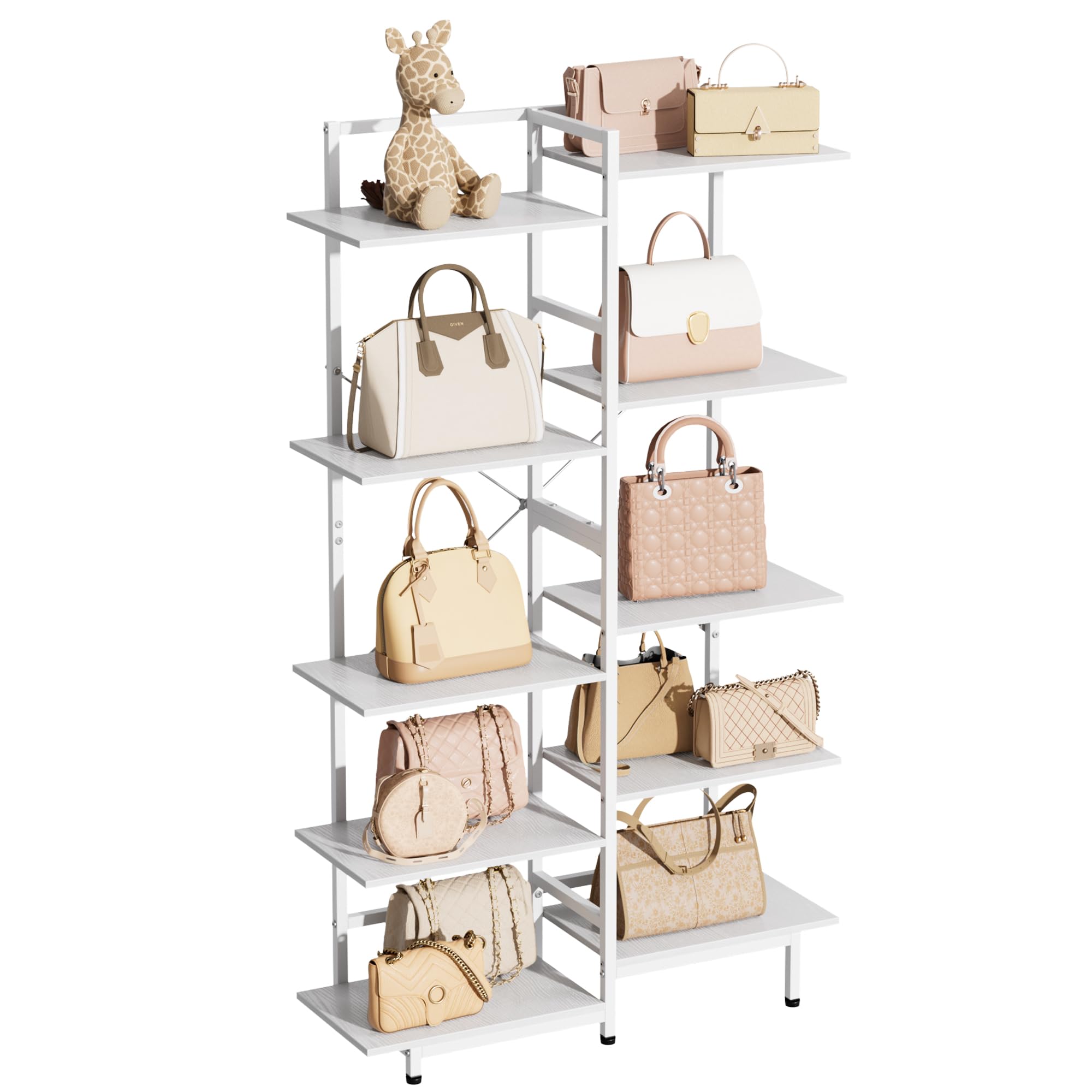 Photo 1 of **MISSING ASSEMBLY HARDWARE*** Aquzee Purse Display Shelf, 5 Tier Purse Rack, Tall Purse Organizer, Bag Handbag Organizers for Women Closet Cloakroom Bedroom Entryway, White