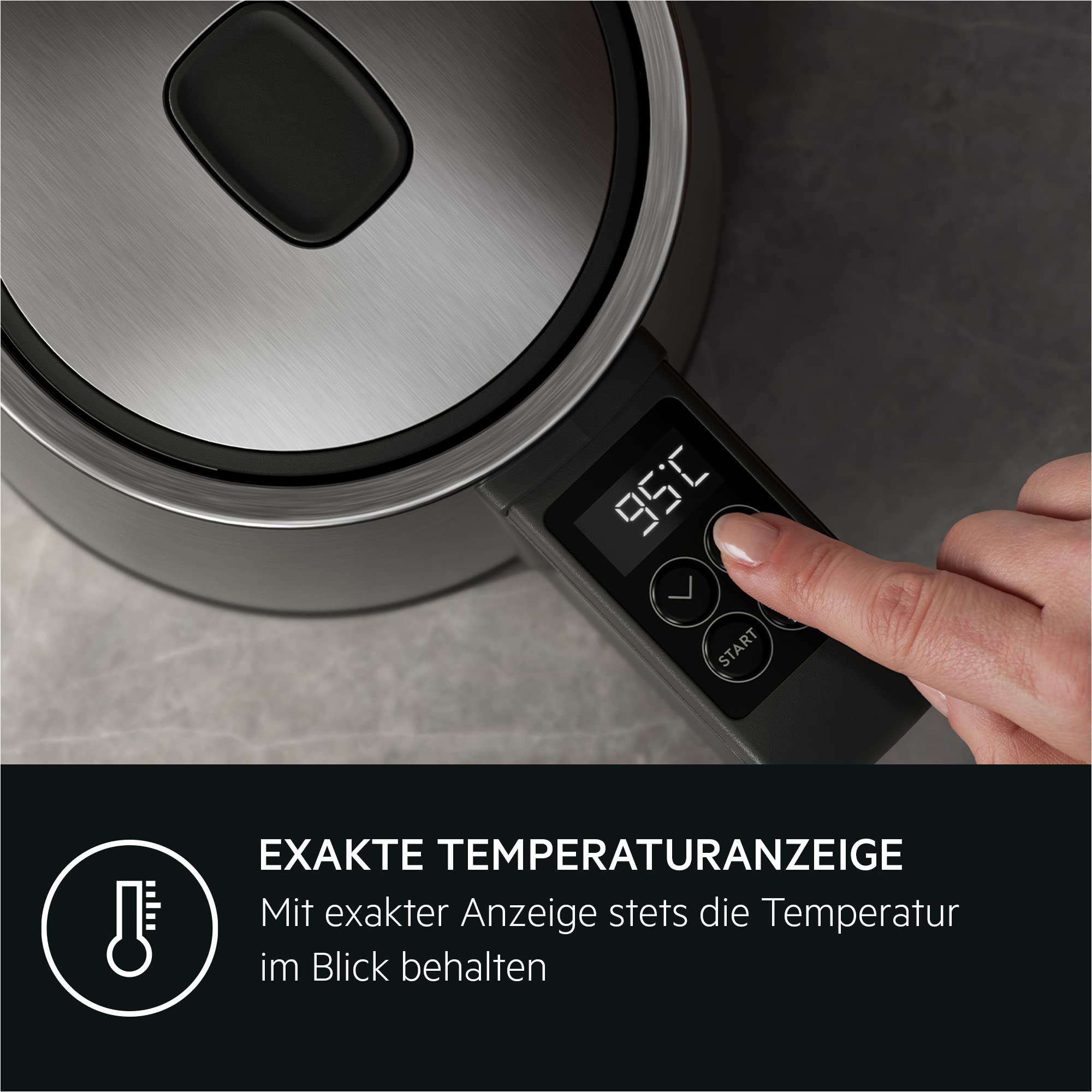 AEG Wasserkocher Deli 5, 2400 Watt, 5 Einstellbare Temperaturstufen, 1,7 l, 3-fache Automatische Sicherheitsabschaltung, Anti-Tropf- und Warmhaltefunktion, Einhand-Deckelöffnung, Edelstahl, K5-1-6ST