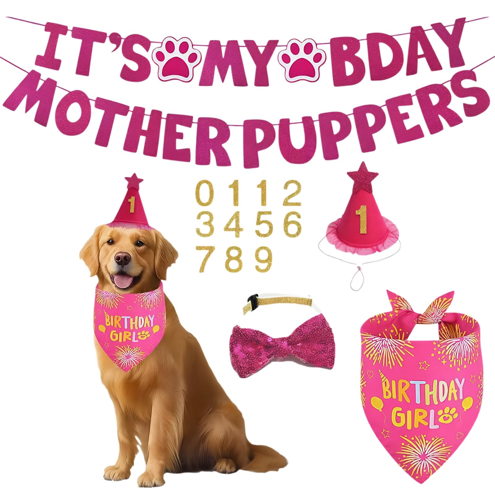 Rose Pink Dog Birthday Hat Set, Birthday Hat for Dog with Bandana Numbers, Adjustable Pet Anniversary Party Outfits Accessories for Small Medium Dogs