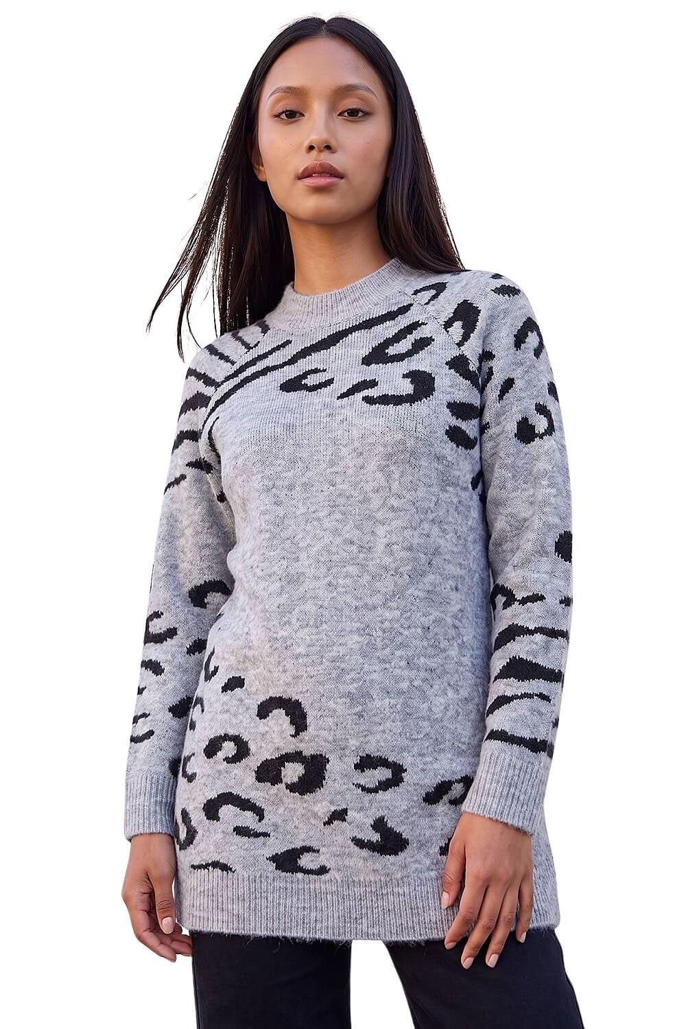 Roman Women's Petite Animal Print Longline Stretch Jumper in Grey | Size: 14