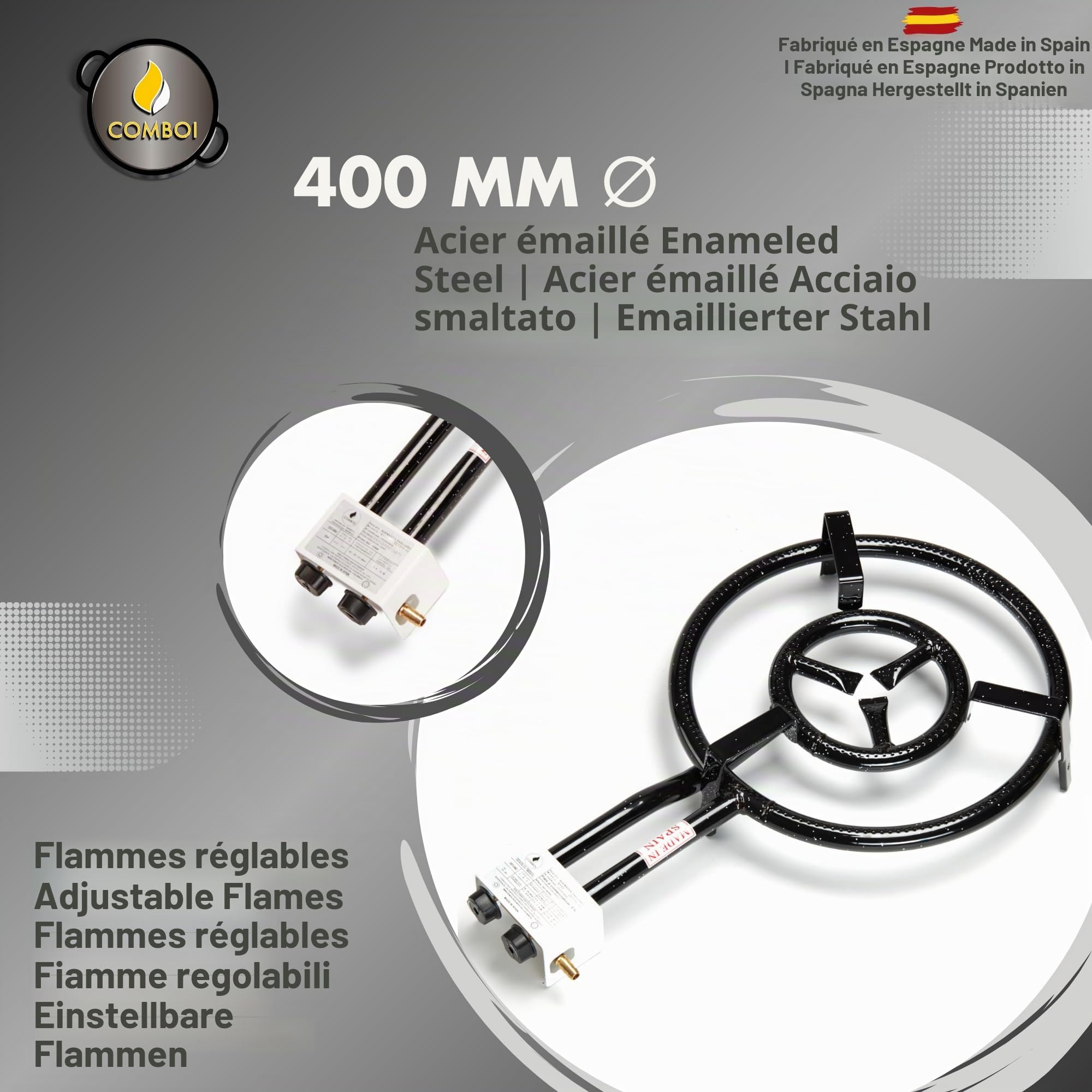 COMBOI - Poêle à paella gaz butane 40 cm, poêle à paella de 46 cm, support de pieds renforcés, niveau, tablier, livre de recettes numérique.
