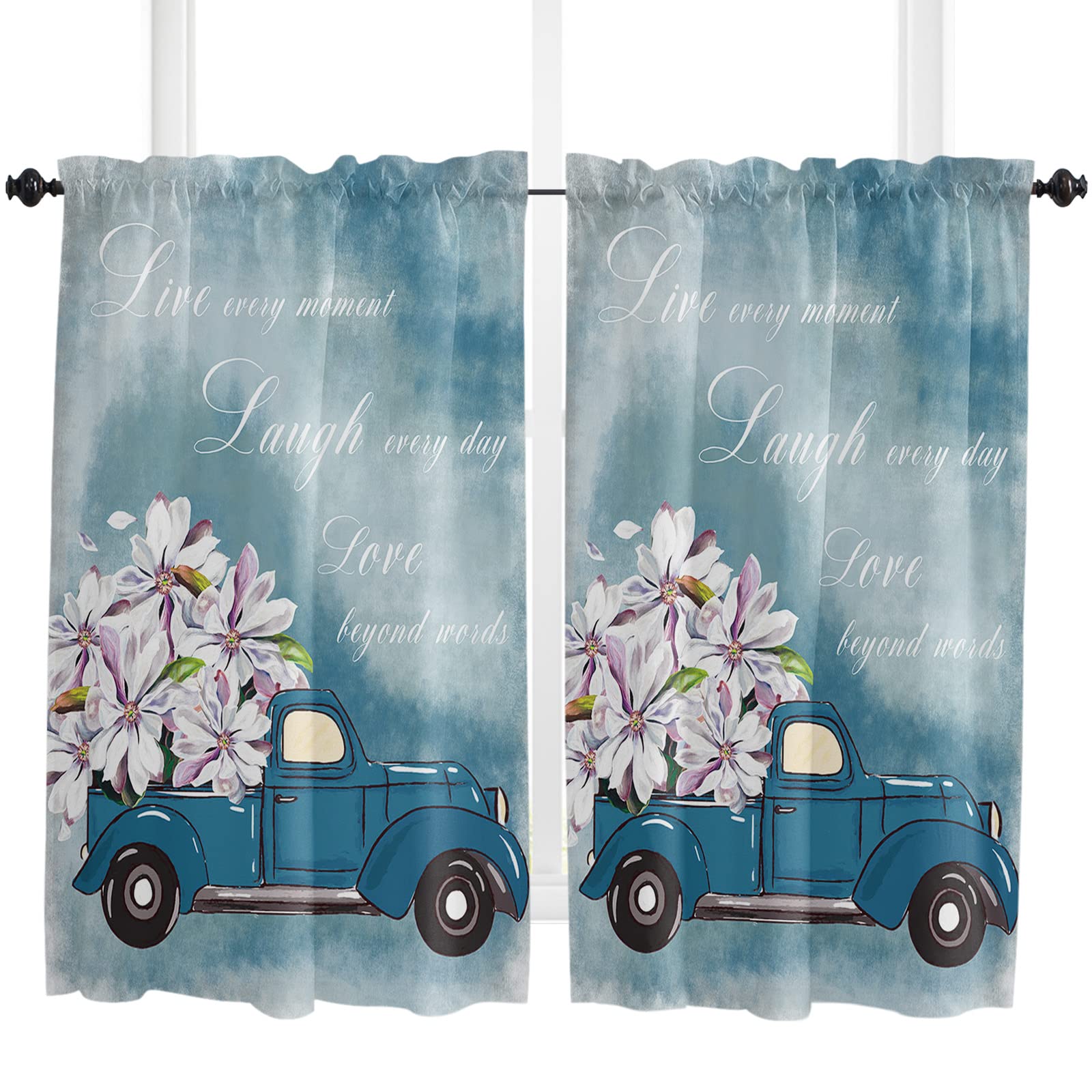 Vintage Blue Truck Floral Window Curtain Panels Set of 2, Rod Pocket Drapery Curtains for Kids Bedroom Living Room Kitchen Basement, Washable Valance Window Drapes, Magnolia Flower, 27.5x45inch