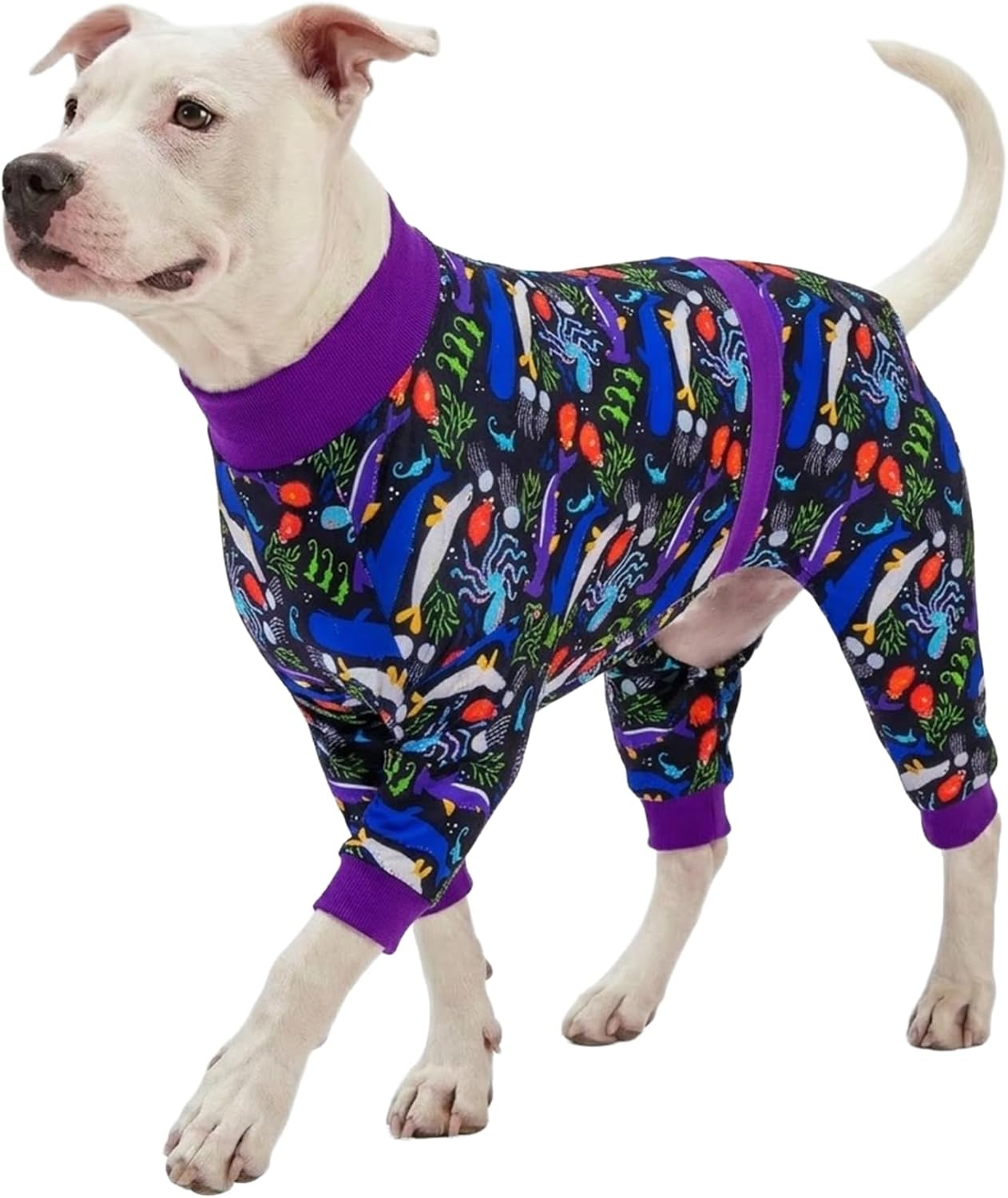 LovinPet Large Big Dog Pajamas - Post Surgery Onesie for Large Dog Breeds, Reflective Stripe, Lightweight Breatheable Stretchy Knit, Charcoal Gray Deep Sea Print, Pitbull Clothes, Pet PJ's, Black XL