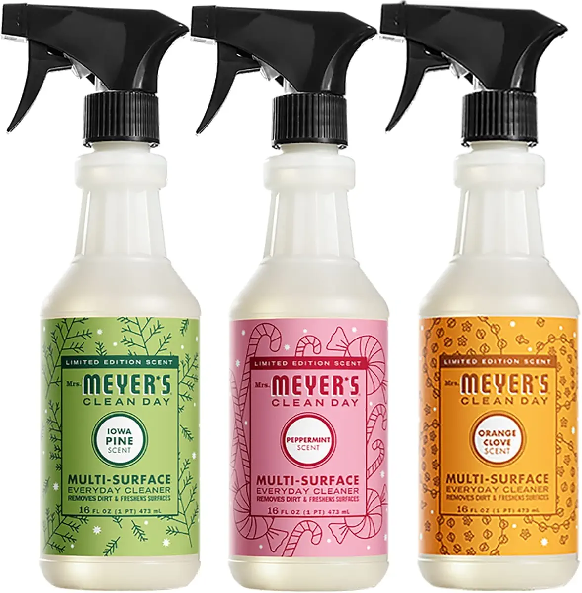MRS. MEYER&#39;S CLEAN DAY Limited Edition Scent Multi Surface Cleaner Bundle, 1 Iowa Pine Scent, 1 Peppermint Scent, 1 Orange Clove Scent, 16 FL OZ Bottles (3 CT)