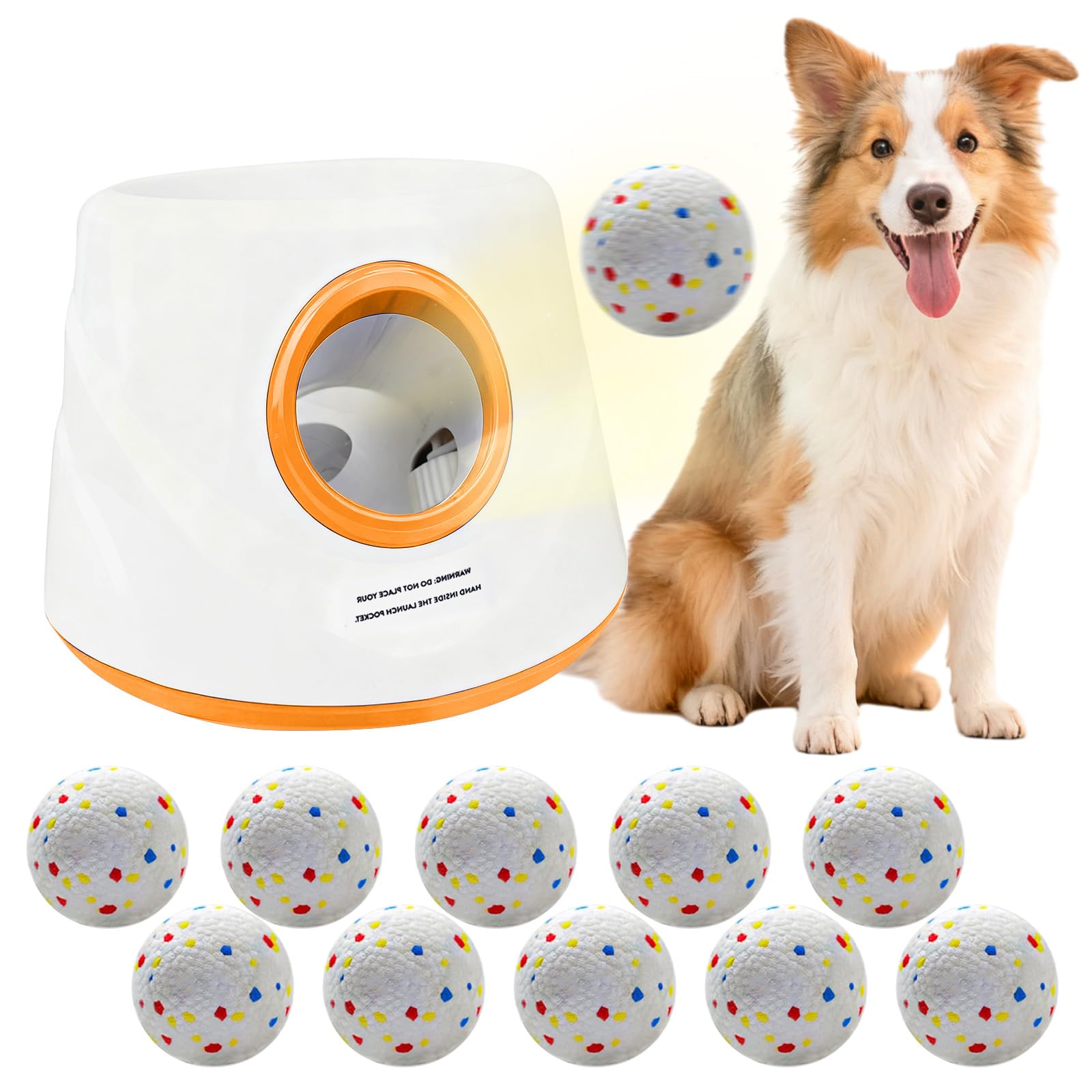 Automatic Dog Ball Launcher for Small/Medium Dogs - Small Silent Design, 3 Distance Settings (20ft/33ft/46ft), Rechargeable, 10 Durable 2.3" Balls Included (Dog Ball Launcher-Orange)