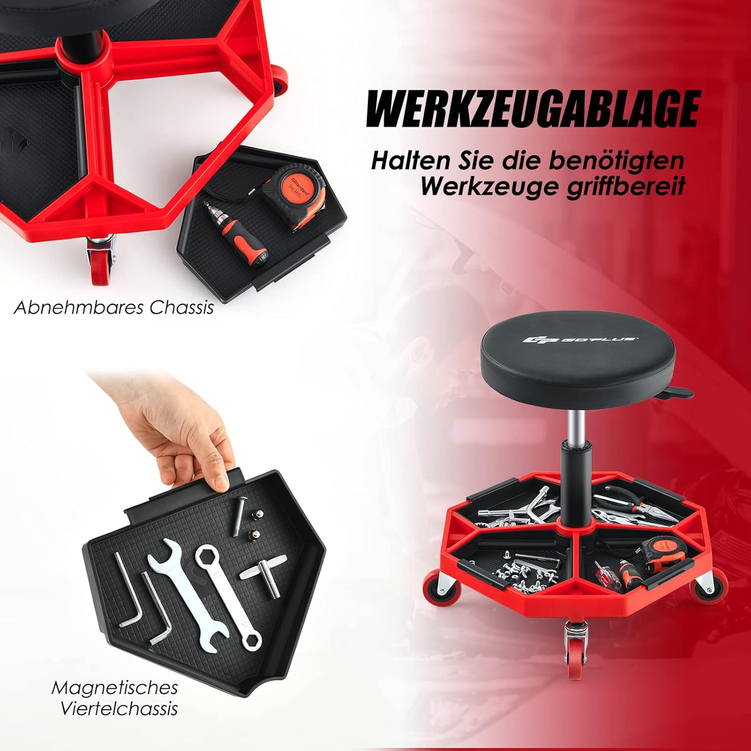 FANTASK Sgabello da officina regolabile in altezza, 41 – 55 cm, con ripiano e 4 ruote universali, per attrezzi e sgabello pneumatico, portata 150 kg