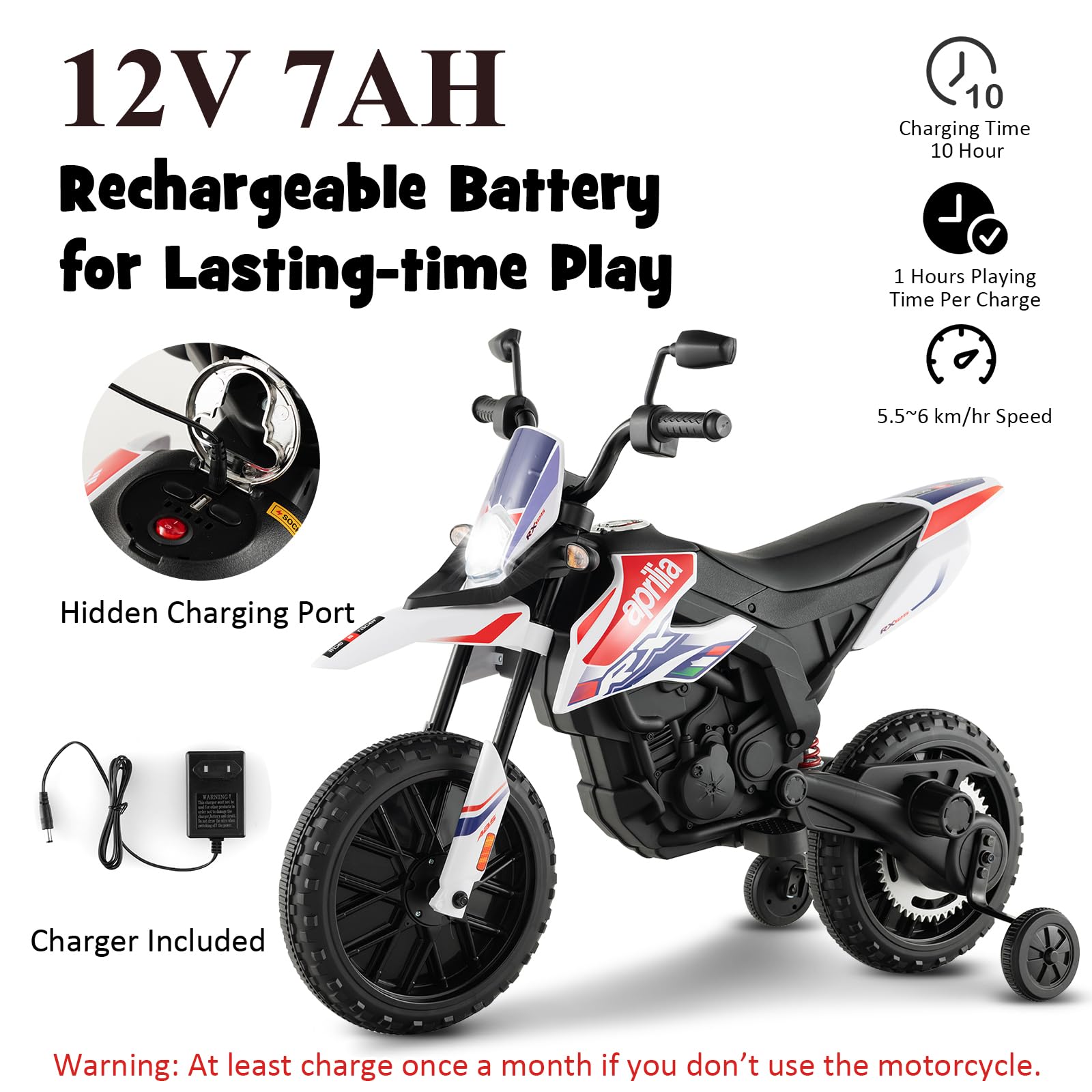Kids Electric Motorcycle, 12V Aprilia Licensed Battery Powered Electric Motorbike with Motor Bike, Music, Lights, USB, Wireless Function, Children Ride on Toy Car for 3-8 Years Old (White)