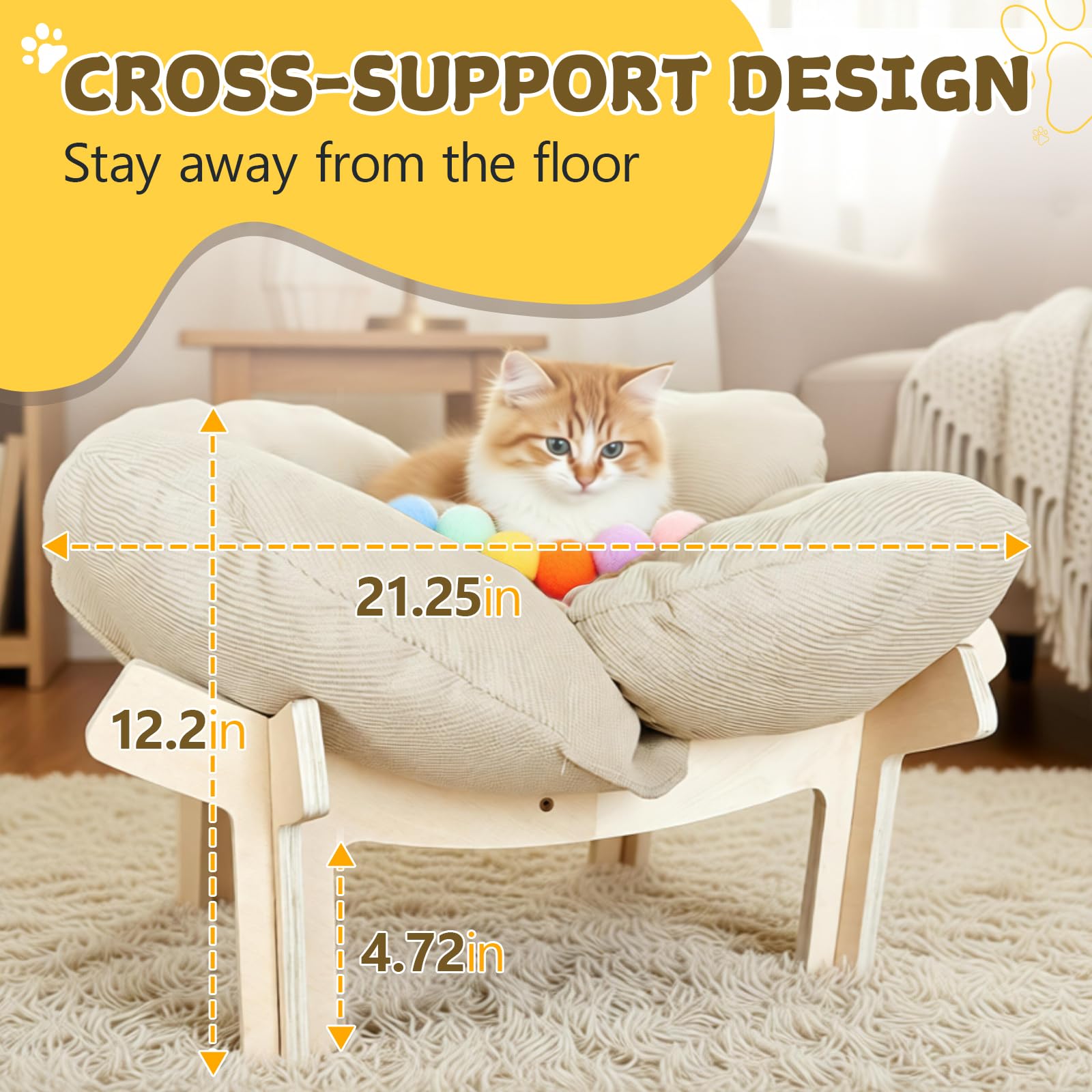 Cuccia per Gatti a Forma di Fiore, Letto Rialzato in Legno alla Moda, con Coprimaterasso Rimovibile e Lavabile, per Gatti 54×31×12 cm
