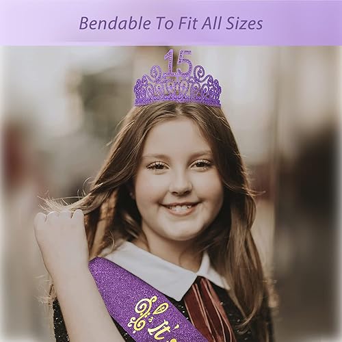 Miniatura 7 de MEANT2TOBE Banda y tiara de cumpleaños número 15 para niñas, juego fabuloso banda con purpurina + tiara de metal de alta calidad púrpura con
