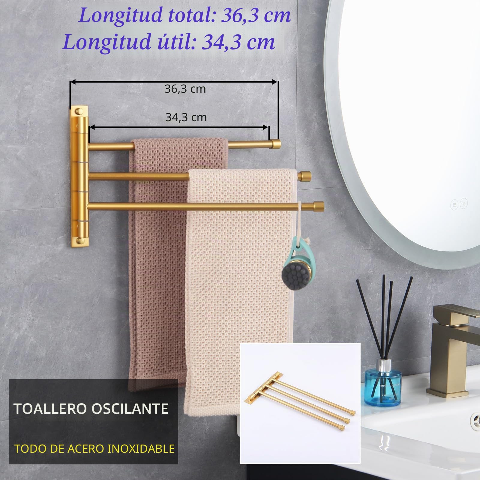 GERZWY Sus 304 - Toallero de Mano de Acero Inoxidable con 3 Barras, Brazo Plegable, Soporte Giratorio para Toallas de baño, Barra de Toalla giratoria, Montaje en Pared, Acabado Dorado