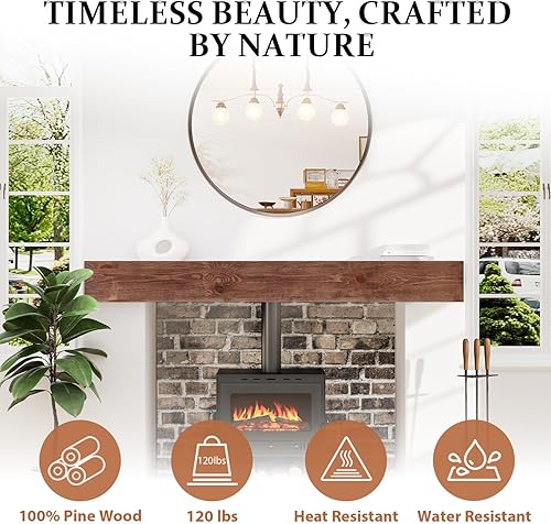 Miniatura 3 de Weyderk Repisa de chimenea, 72 pulgadas, mantel hecho a mano para sobre chimenea, mantel de madera con soporte de metal invisible resistente,