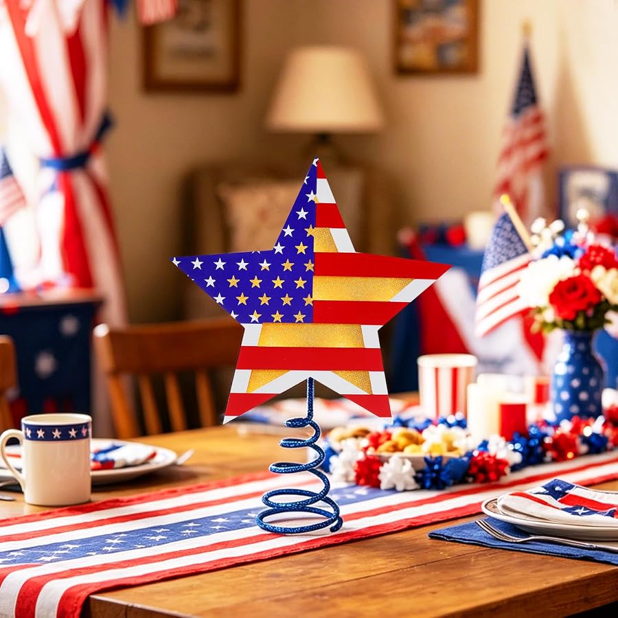 Fangoo 9.8 Inch 4th of July Patriotic Star Tree Topper with LED Lights Memorial Day USA 250th Anniversary Red White and Blue Christmas Tree Toppers for Independence Day Home Office Party Decor - image 5