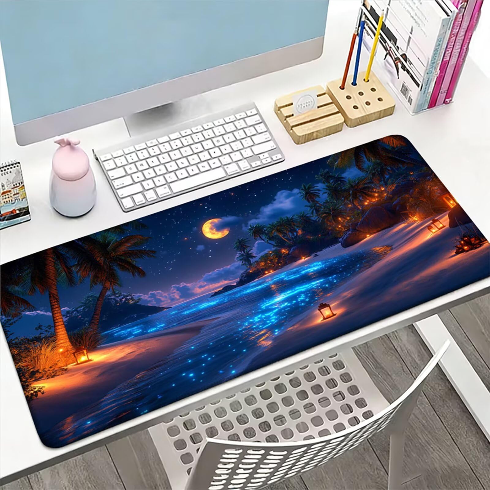 Podkładka pod mysz XXL 1200 x 400 x 3 MM, duża niebieska podkładka pod mysz z wodoodporną i gumową antypoślizgową podkładką pod mysz księżycową zszyte krawędzie, poprawia precyzję i szybkość dla