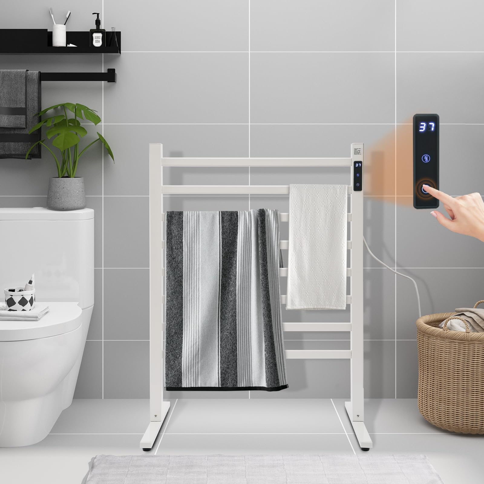 Elektrischer Handtuchheizkörper Freistehend Beheiztes Handtuchgestell 180W 45-65℃ Handtuchwärmer Weiß elektrisches Handtuchwärmergestell - Automatisch schließen - Aluminium