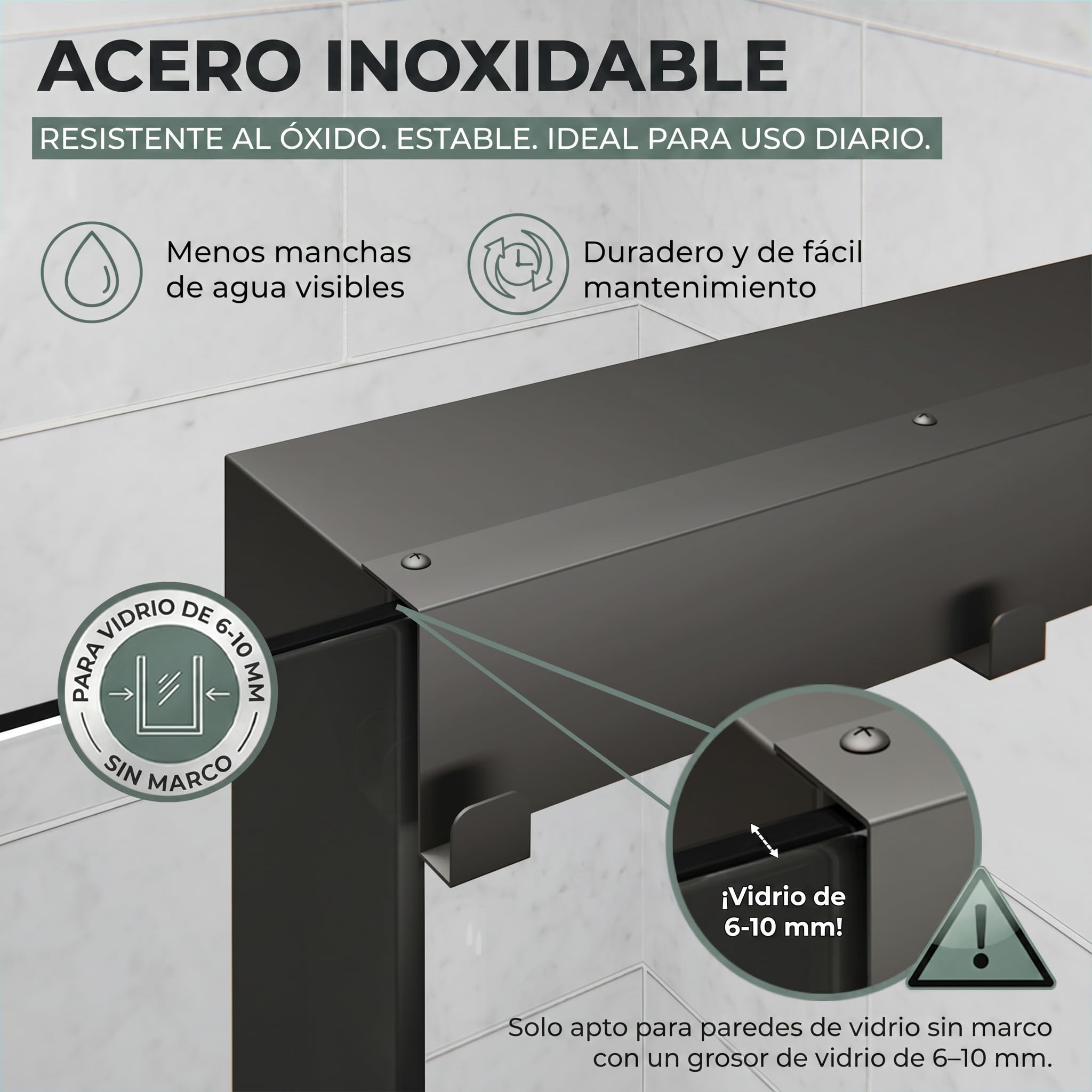 ShowerNIZR Estante de ducha Granite Grey Estante de ducha sin taladro | para colgar en mampara de vidrio de acero inoxidable con 4 ganchos orden sin obra baño sereno y limpio línea depurada
