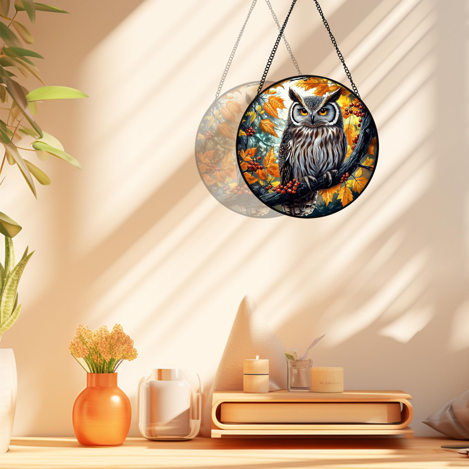 Xuoxeji Owl Stained Glass Window Hanging, 20cm/7.8in Owl Stained Glass Birds, Owl Gifts for Bird Lovers, 20cm/7.87in - Image 3