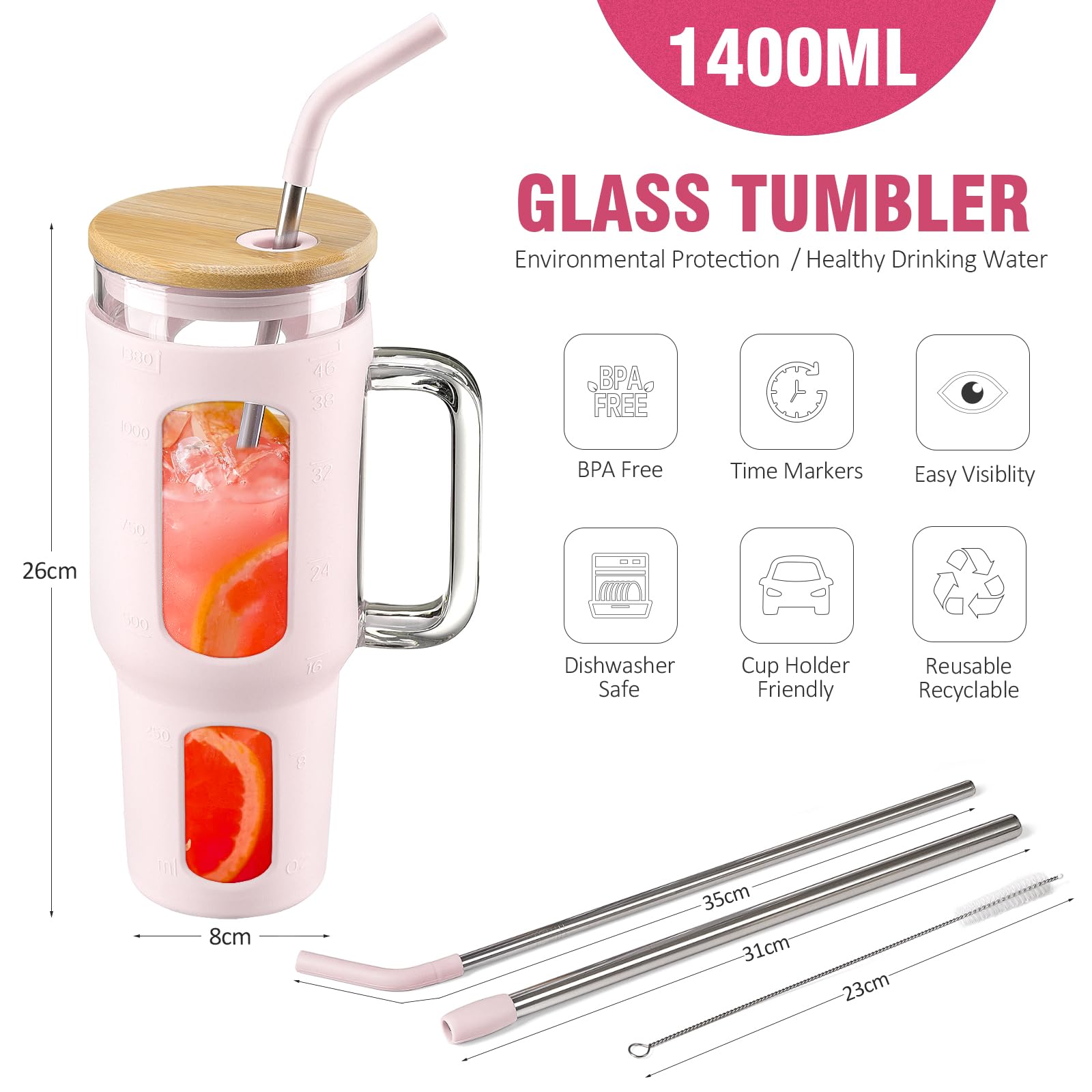 BLUEGO Tumbler becher mit Deckel und Strohhalmen, 1400ml Kaffeebecher To Go mit Henkel, Trinkbecher mit Silikonhülle, 1,4 L Tumbler becher mit 2 Strohhalmen, BPA-frei, Rosa