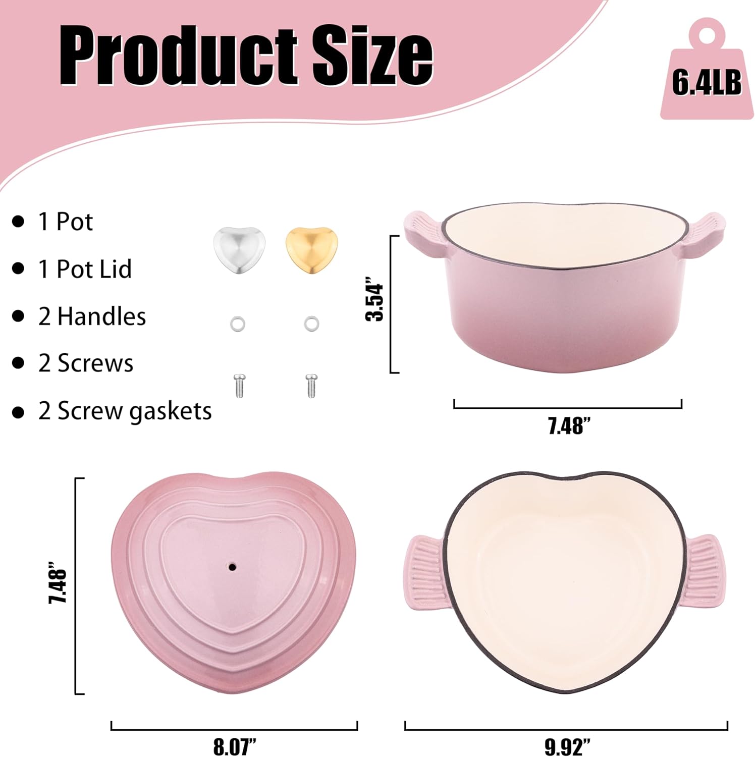 Mabeeze Heart Shaped Dutch Oven Enameled Cast Iron 2 Quart Casserole Pot with Lid Pink Nonstick Oven Safe All Cooktops for Baking Braising Serving Bread Baking