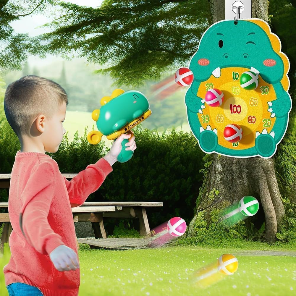 Gioco Freccette Bambini Dinosauro, Gioco di Tiro con Pistola Blaster Giocattolo per Freccette Bersaglio Giocattolo Pistola, 12 Palline Appiccicose, Giochi per Feste al Coperto e All'aperto