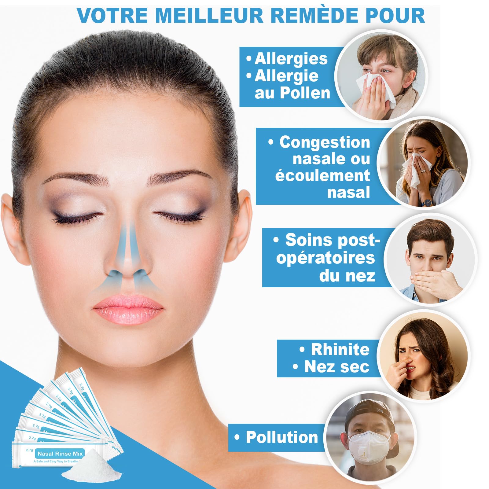 AVIDA ZEN - Sel Nasal - Lavage Nez Adultes - Sachets de 2,7g de Sel pour Rinçage Nasal - Lot de 60 Sachets - Idéal pour Kit d'Irrigation Nasale pour Adultes et Enfants