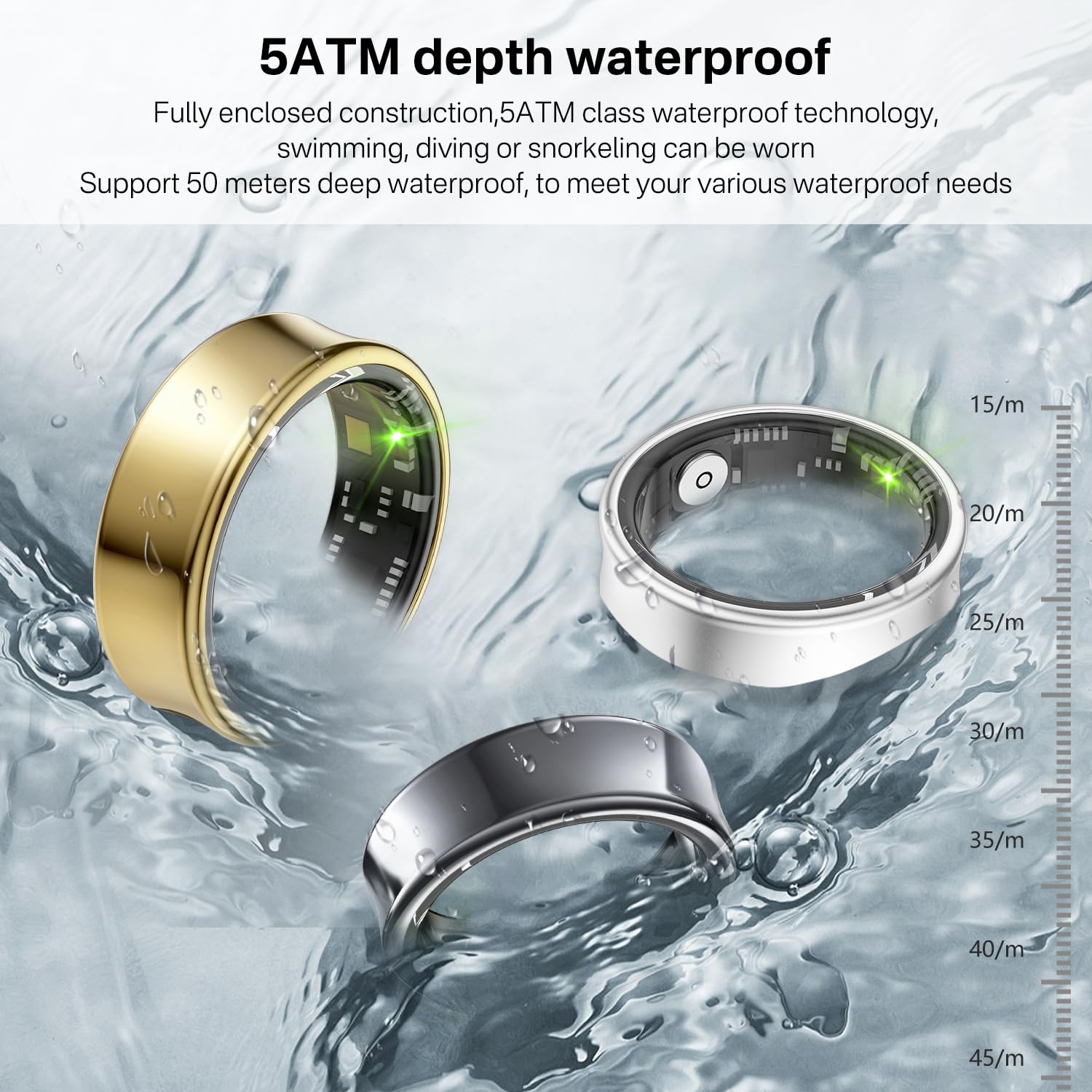 Anillo inteligente para hombres y mujeres, resistente al agua hasta 5 ATM, rastreador de salud y fitness, monitor de frecuencia cardíaca, cepillo de gestos de mano, anillos inteligentes de