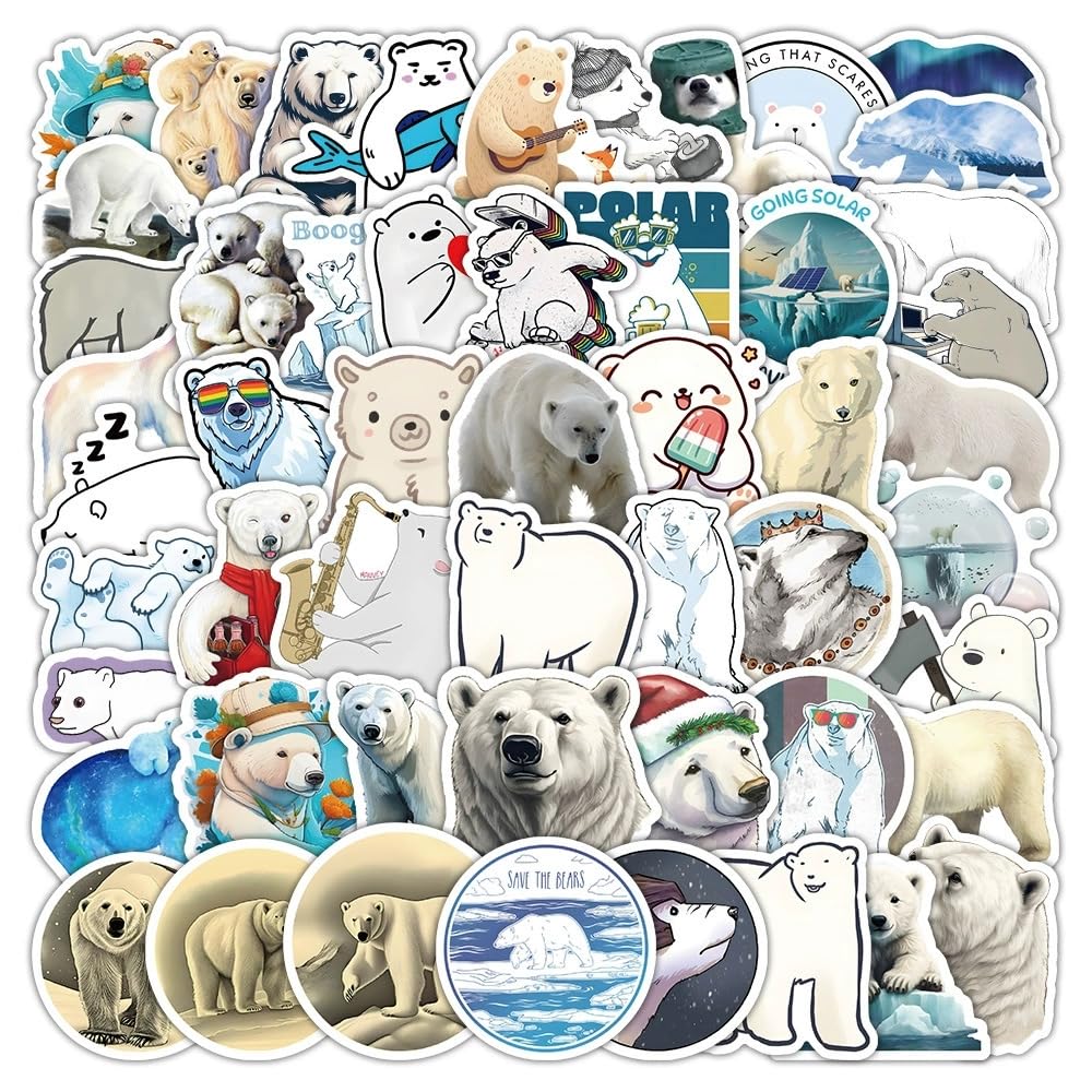 Polar Bear Stickers for Laptop(50 PCS),Gift for Children Teens Adults Girl Boys,Polar Bear Waterproof Stickers for Skateboard,Scrapbook,Bike,Phone,Computer,Luggage Water Bottle Guitar
