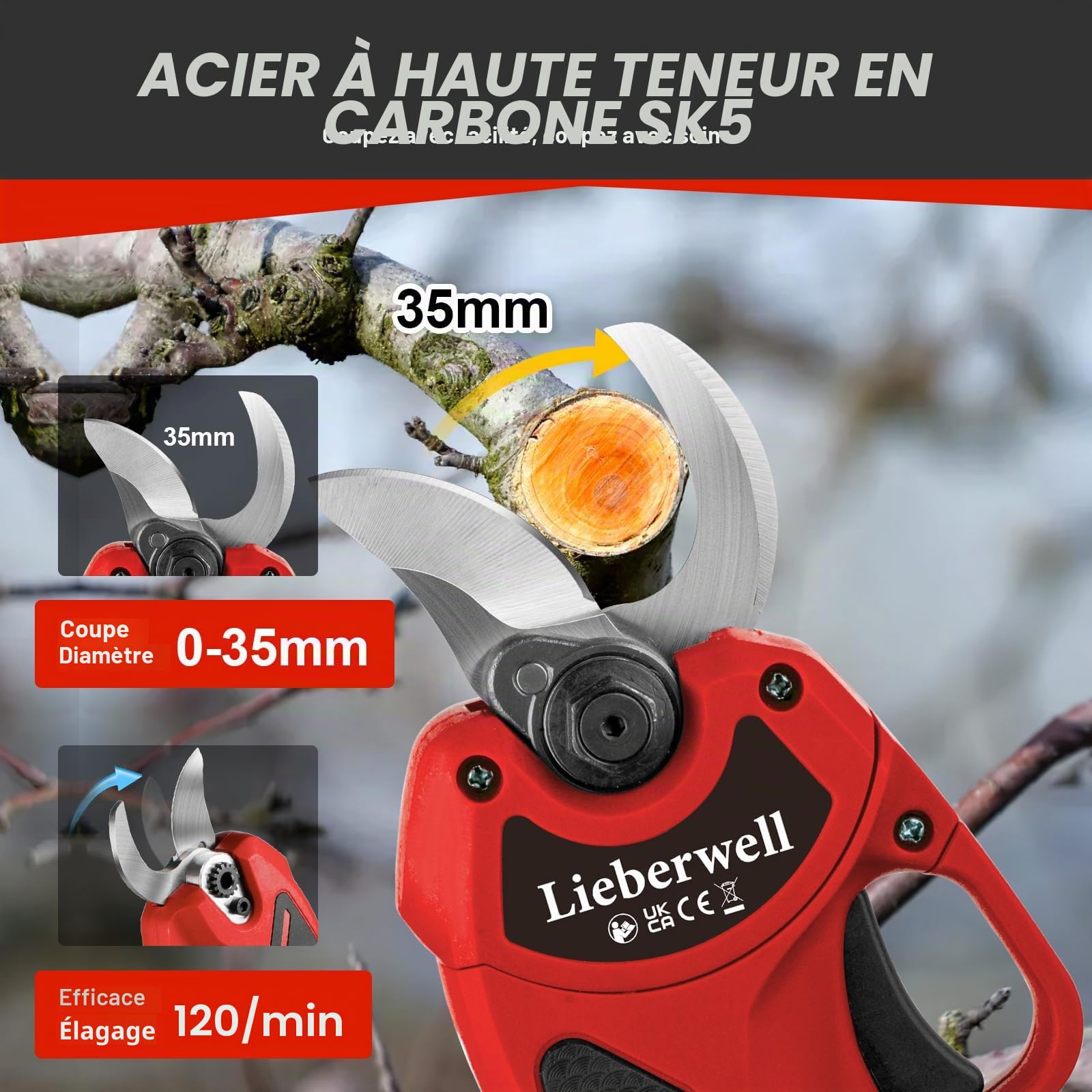 Sécateur Électrique pour Makita 18 V Batterie, Sécateur à Batterie 600W Professionnel avec 2 Batteries de 2000mAh, Sécateur Manuel Sans Balais avec Diamètre de Coupe de 20 à 35mm et Compteur