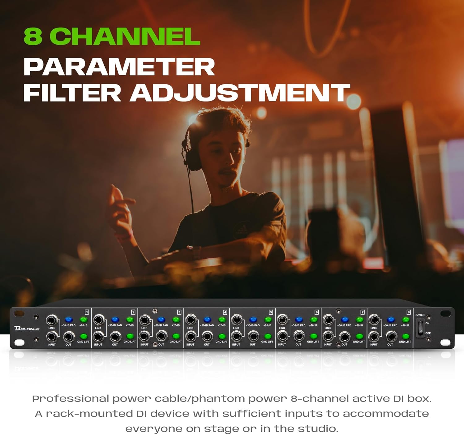 Bolanle DI8000 Pro 8-Channel Active Direct Box DI Box | TRS Input & Thru to XLR Output | Ground Lift & Level Control | 1U Rackmount for Stage Studio Live Sound