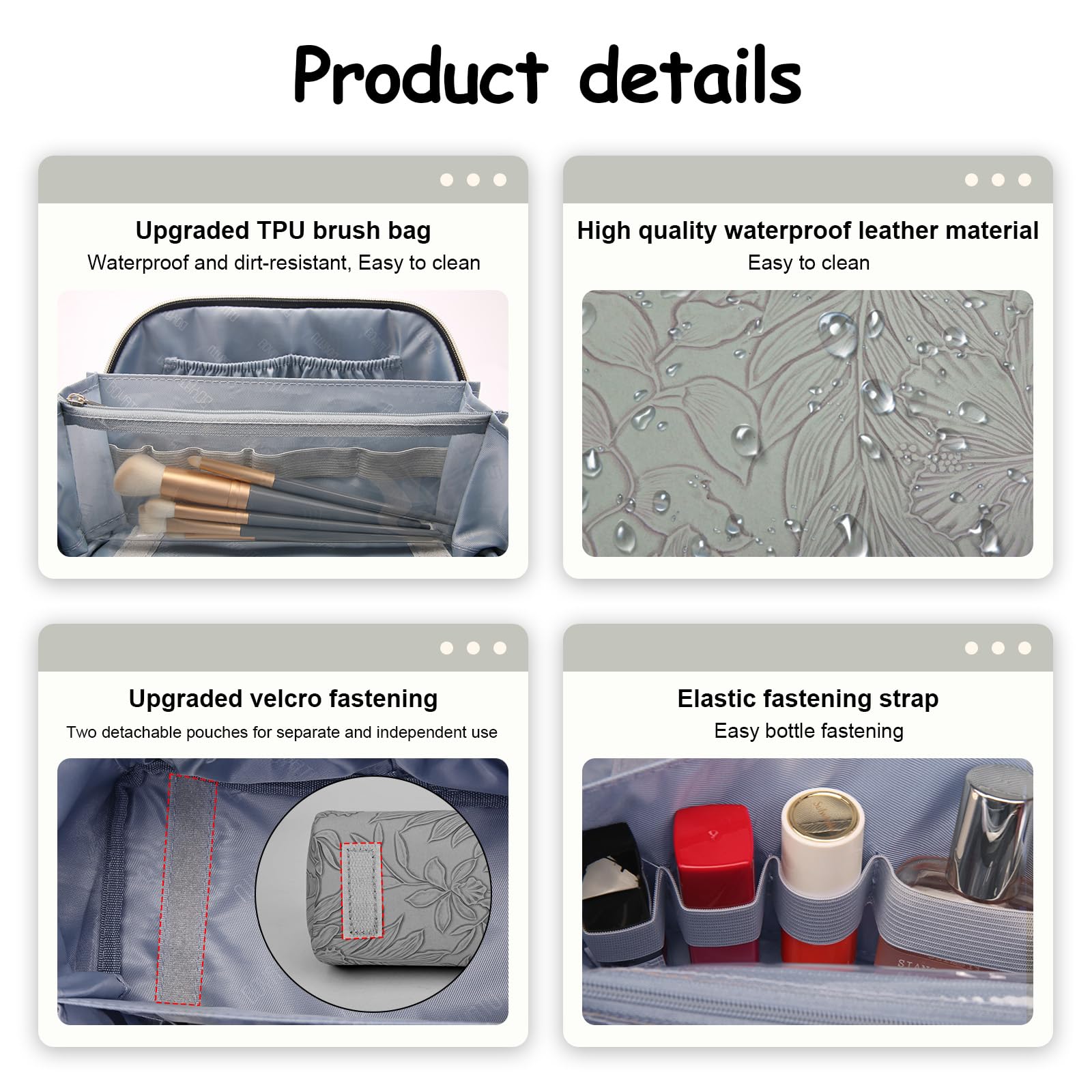 Trousse da viaggio per trucchi: set di 3 borse per il trucco di grande capacità, borsa da toilette in pelle PU per donne, ampia tasca portatile aperta con divisore e manico, Grigio-1, Borsa per