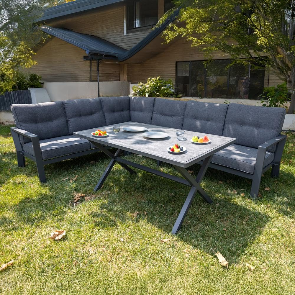 YOEVU - Conjunto de Jardín 7 Plazas | Aluminio Resistente al Óxido | Sofá Esquinero Modular | Cojines Desenfundables | Mesa Amplia y Funcional, Extra Grande (Gris)