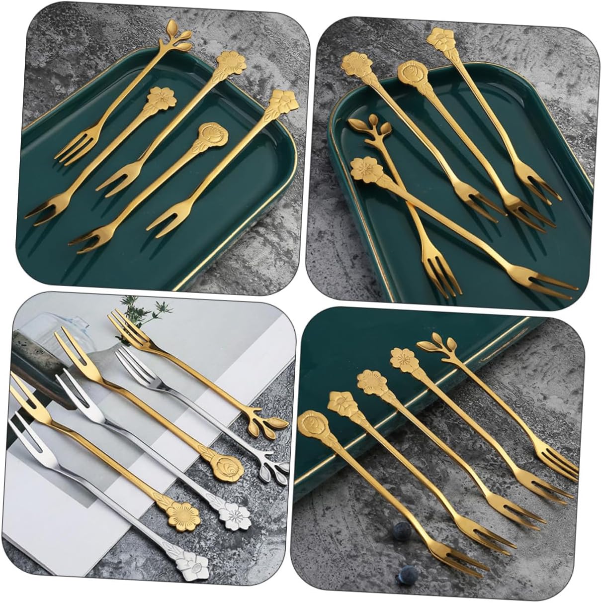 COLLBATH 10pcs Titanium Coated Two-tine Fruit Forks and Dessert Forks Set for Home Use Small for Cake Snacks and Fruit Serving