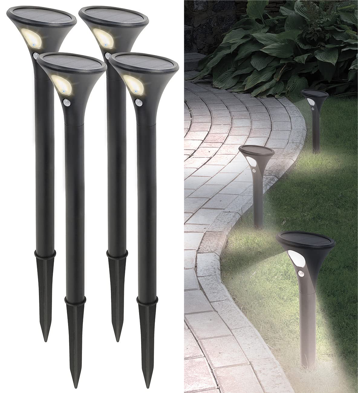 Luminea Solarleuchten Gehwege: 4er-Set Design-Solar-Wegeleuchten, Licht- & Bewegungssensor, warmweiß (Solar-Wegeleuchten Bewegungsmelder, Sensor-Gartenleuchten)
