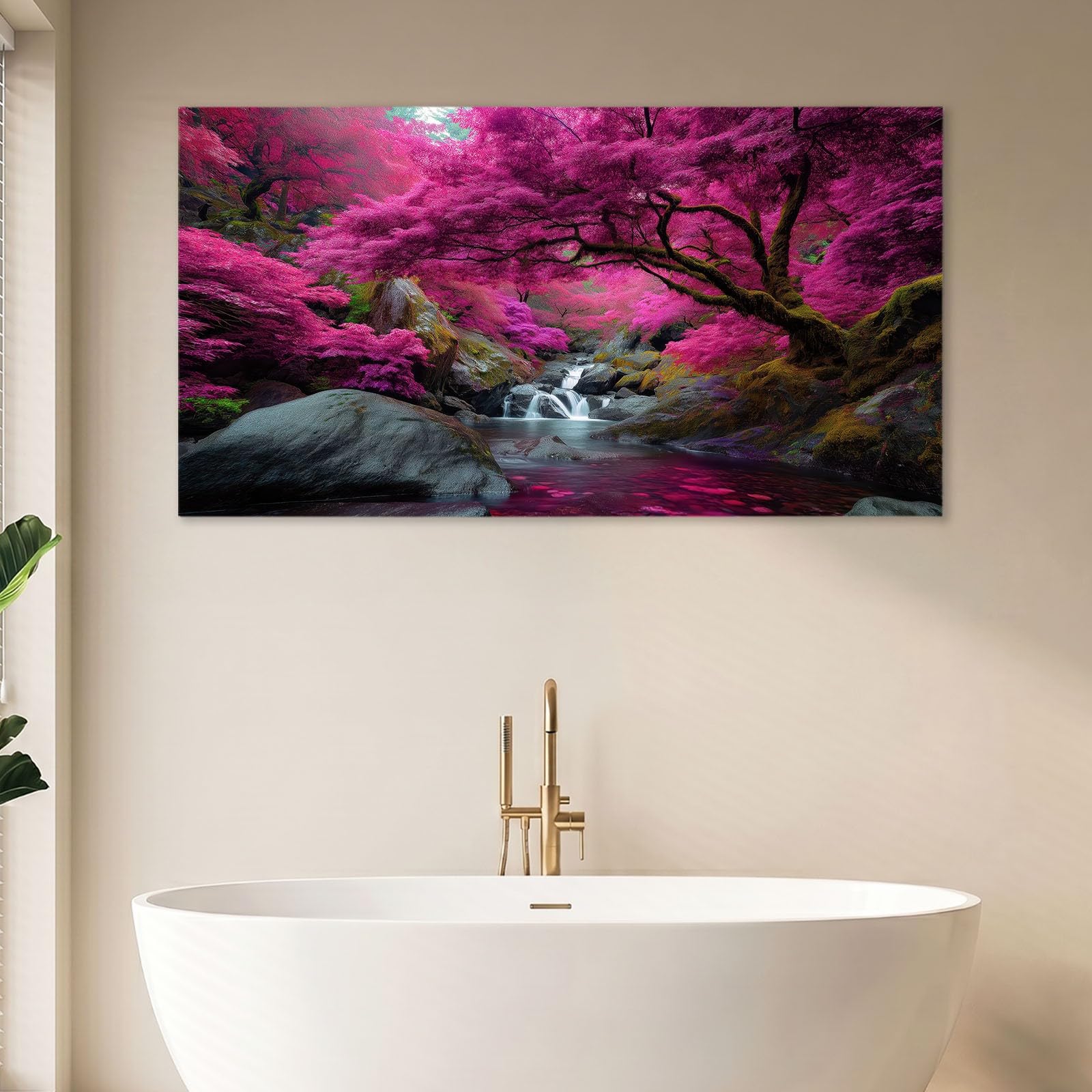 Obraz ścienny natura krajobraz obraz obraz na płótnie - 90 x 60 cm, wydruk na płótnie z lasem, drzewo skała, oprawiona sztuka ścienna do salonu i sypialni, dekoracja ścienna, różowy