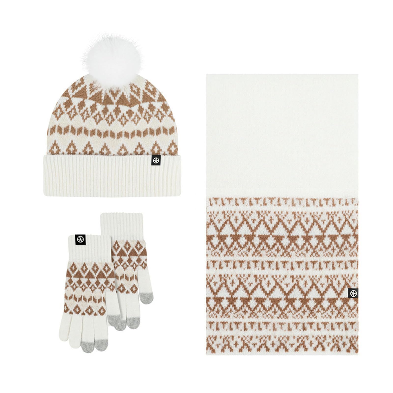 Wintermütze Schal Handschuhe Set Dreiteiliges Für Erwachsene, Bestehend Aus Bommelmütze, Und Handschuhen, Warme Jacquard-Strick-cremeweißer Jacquard-Anzug