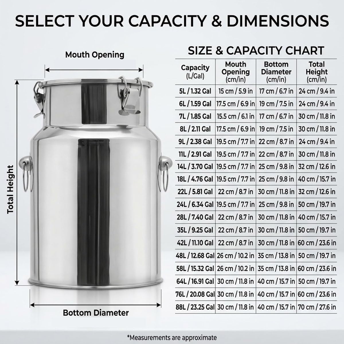 5l -88l Jarra de Leche Inoxidable Hermético, Lechera con Tapa y Anillo de Sellado, Bidón de Transporte de Fácil Limpieza, Cubo acero inoxidable Multiuso(No Spigot,18L/4.76Gal)