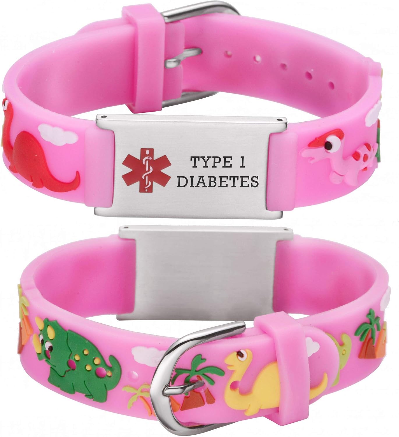 LinnaLove Cartoon Medical Alert id Bracelets Parents Gift to Son, Daughter, Brother, Sister(DINOSAUR-Pink-Type 1 diabetes)