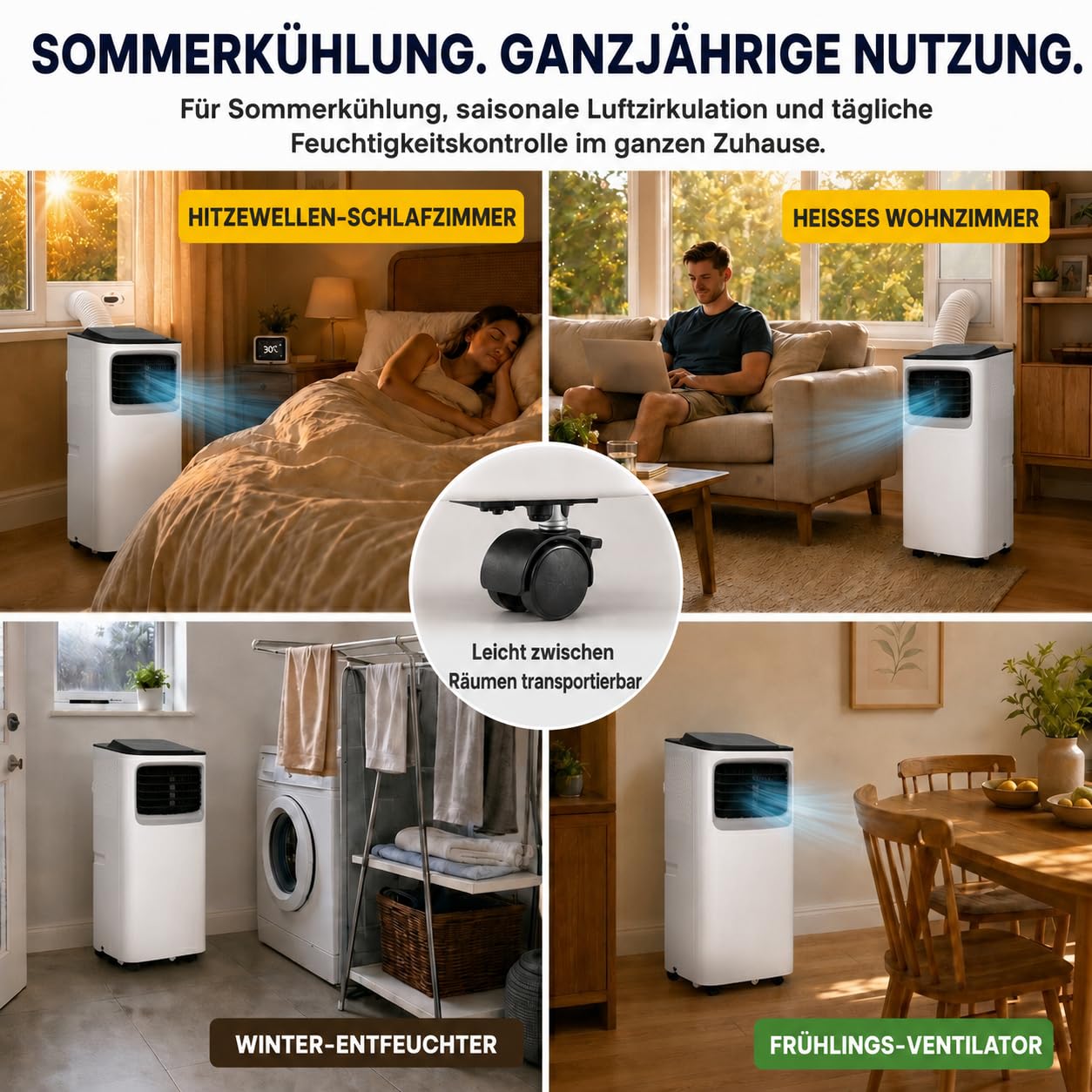 Olsen & Smith 7000 BTU Mobile Klimaanlage & Luftentfeuchter - 3-in-1 Klimagerät mit Abluftschlauch für kleine Räume, Schiebefenster-Adapter, 24h-Timer & Fernbedienung - Leise Mini Klimaanlage, Weiß