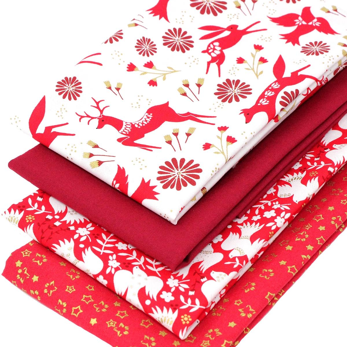 Overdale Fabrics Red, White, Gold 4 Fat Quarters Bundle - 'Peaceful Christmas - Red' Fabrics Featuring Deer, Doves And Festive Foliage. 100% Cotton For Quilting, Patchwork & Crafting (With Free Patchwork Pattern By Overdale Fabrics)