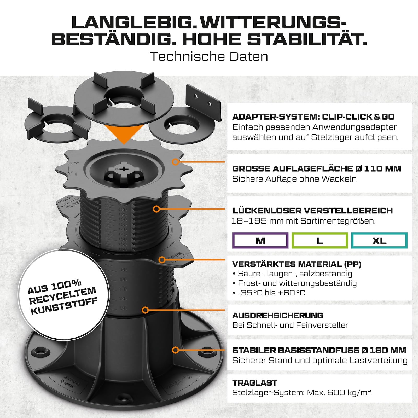 10x LANGFIT® Stelzlager "XL" für Terrassenplatten – Mit Auto-Nivellierung 0-7% – Bis 50% schneller montiert – Mit Maßskala – Stufenlos höhenverstellbar von 83-203mm / Fugenkreuz 3mm – Made in Germany