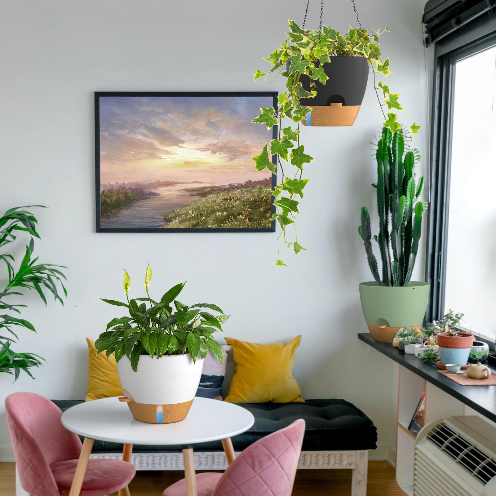ZMTECH 30 cm Hängetopf für Pflanzen mit Bewässerungslippe Selbstbewässernder Pflanzentopf mit Abflusslöchern und abnehmbarem Untersetzer aus Kunststoff für Innen- und Außenpflanzen (2er-Set, Weiß)