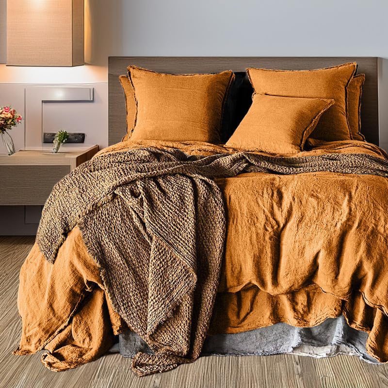 The Tangerine Store 3-Piece Linen Cotton Mix Duvet Cover Set (102x90 in) - Mustard Yellow King Duvet Cover Set with Standard Shams - Pre-Washed, Handmade - Chic Home Decor