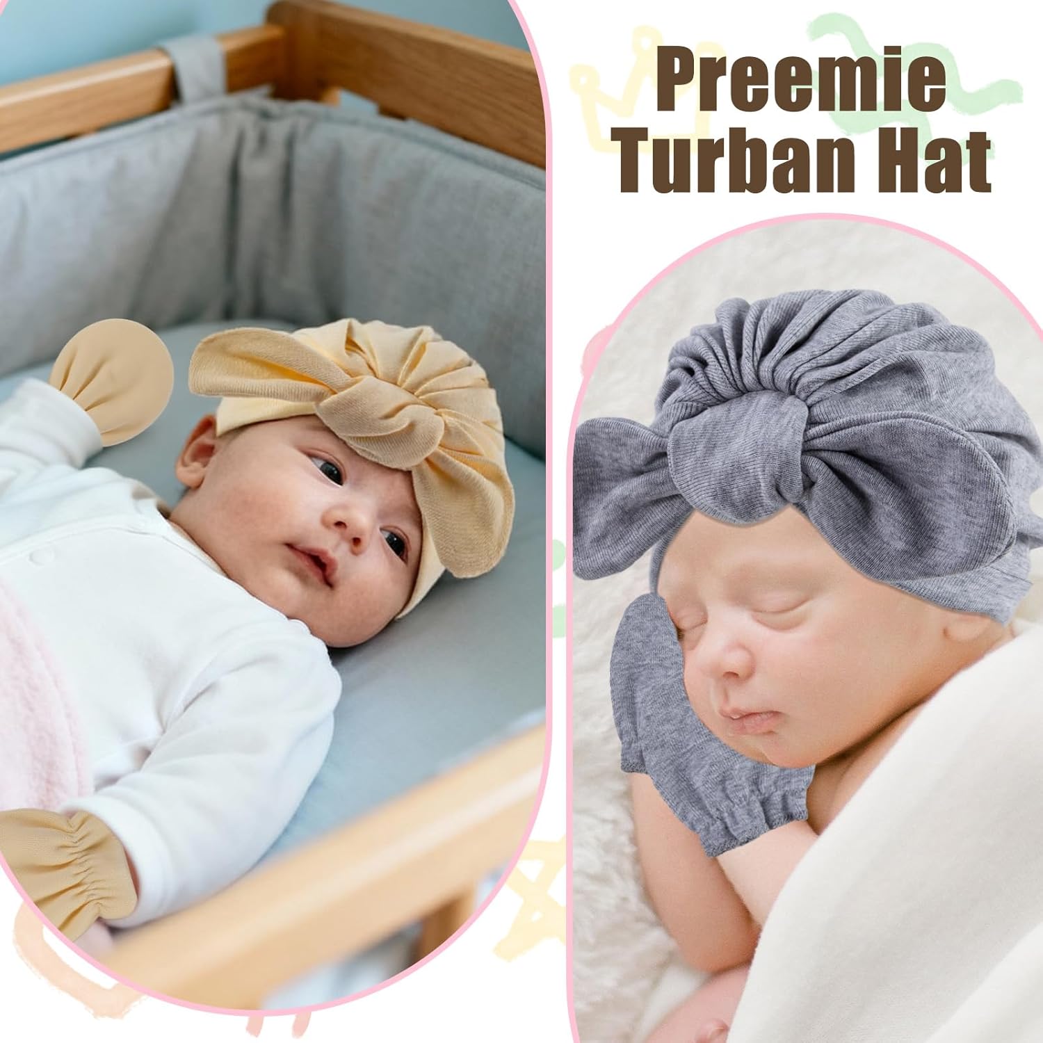 8 Pcs Preemie Hats with Mittens Set for Newborn Boys Girls (3-7 lbs),Soft Cotton NICU Hospital Knot Beanie Caps for Tiny Premature Baby (Rabbit Style) - Image 6