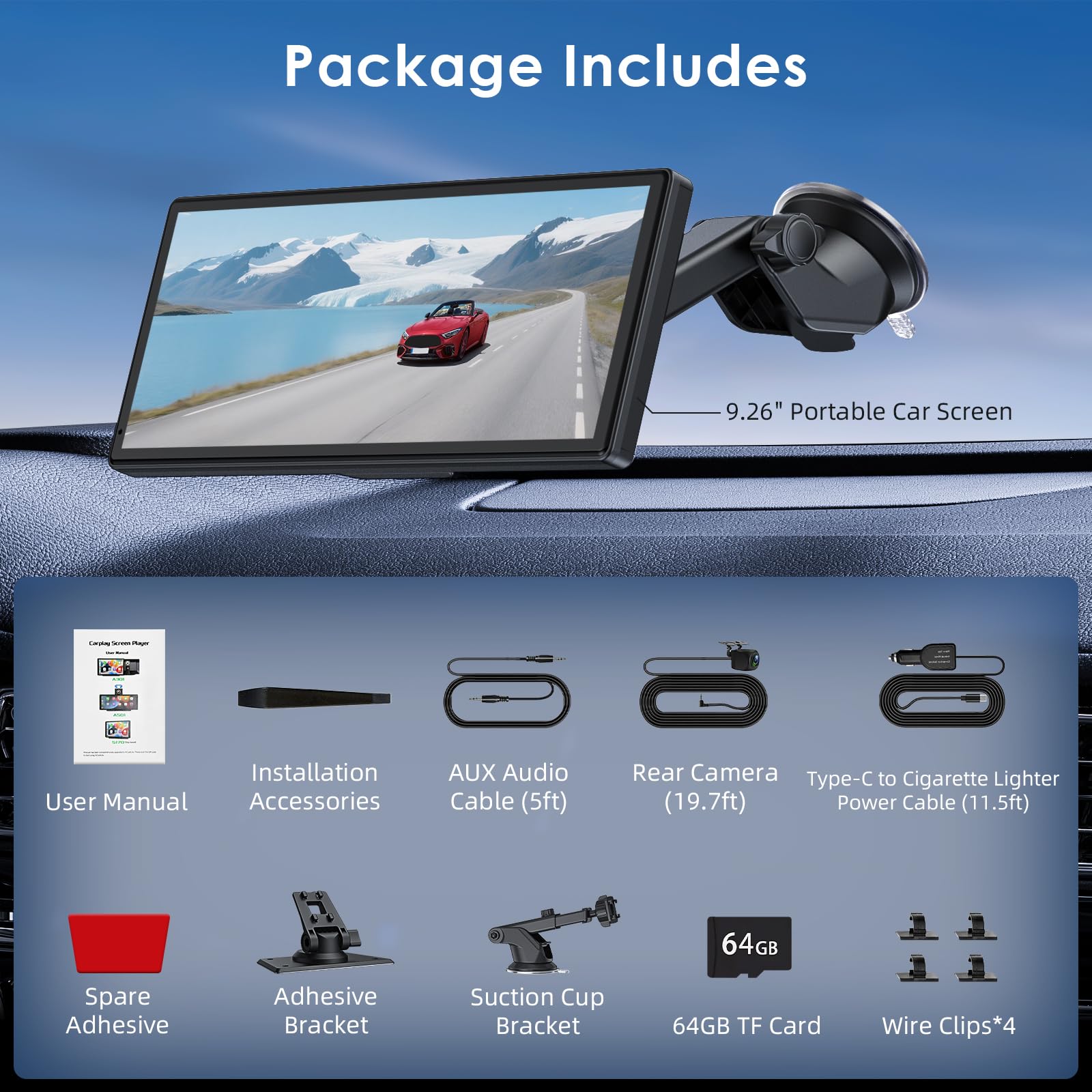 9,26 Calowy Przenośny Ekran z Bezprzewodowym CarPlay i Android Auto, Radio Samochodowe z 4K Dashcam Przednią I Tylną Kamerą 1080P HD/Bluetooth/FM/AUX/64G TF/Mirror Link/Voice Control/GPS